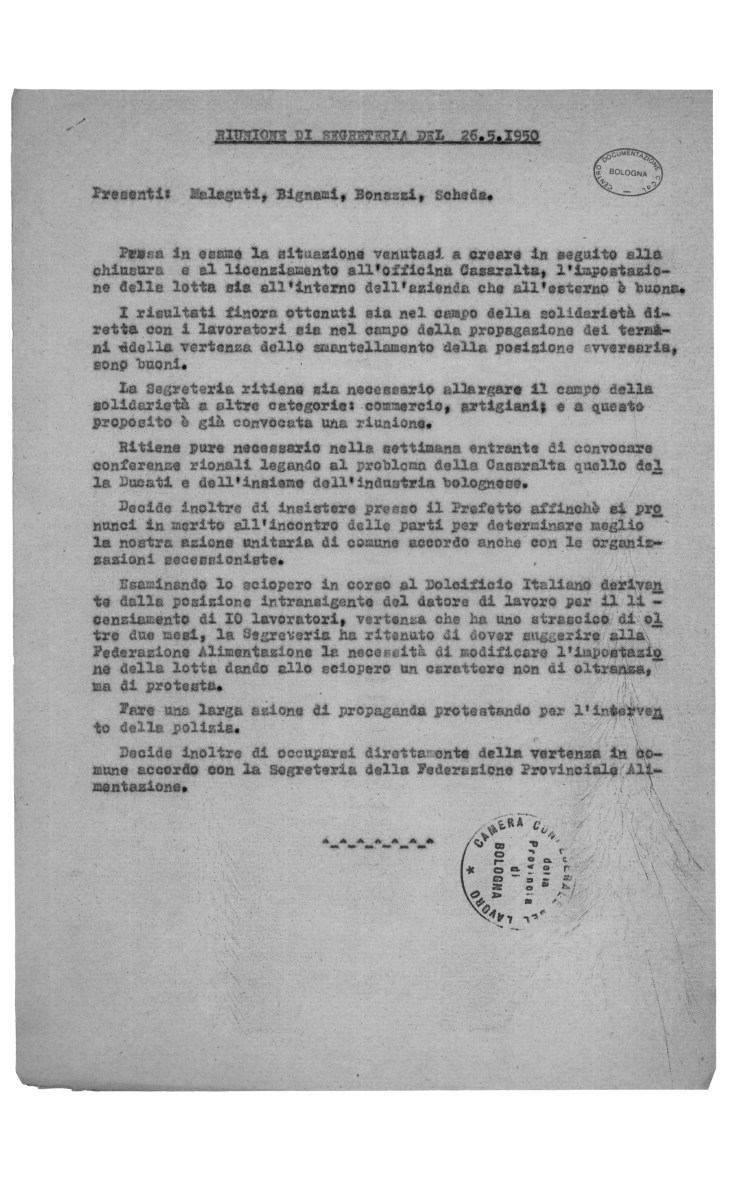 36. 26 maggio 1950. Verbale della Segreteria della C.d.L. provinciale che riguarda la chiusura della Casaralta e la vertenza del Panificio Italiano, che prevedeva 10 licenziamenti.